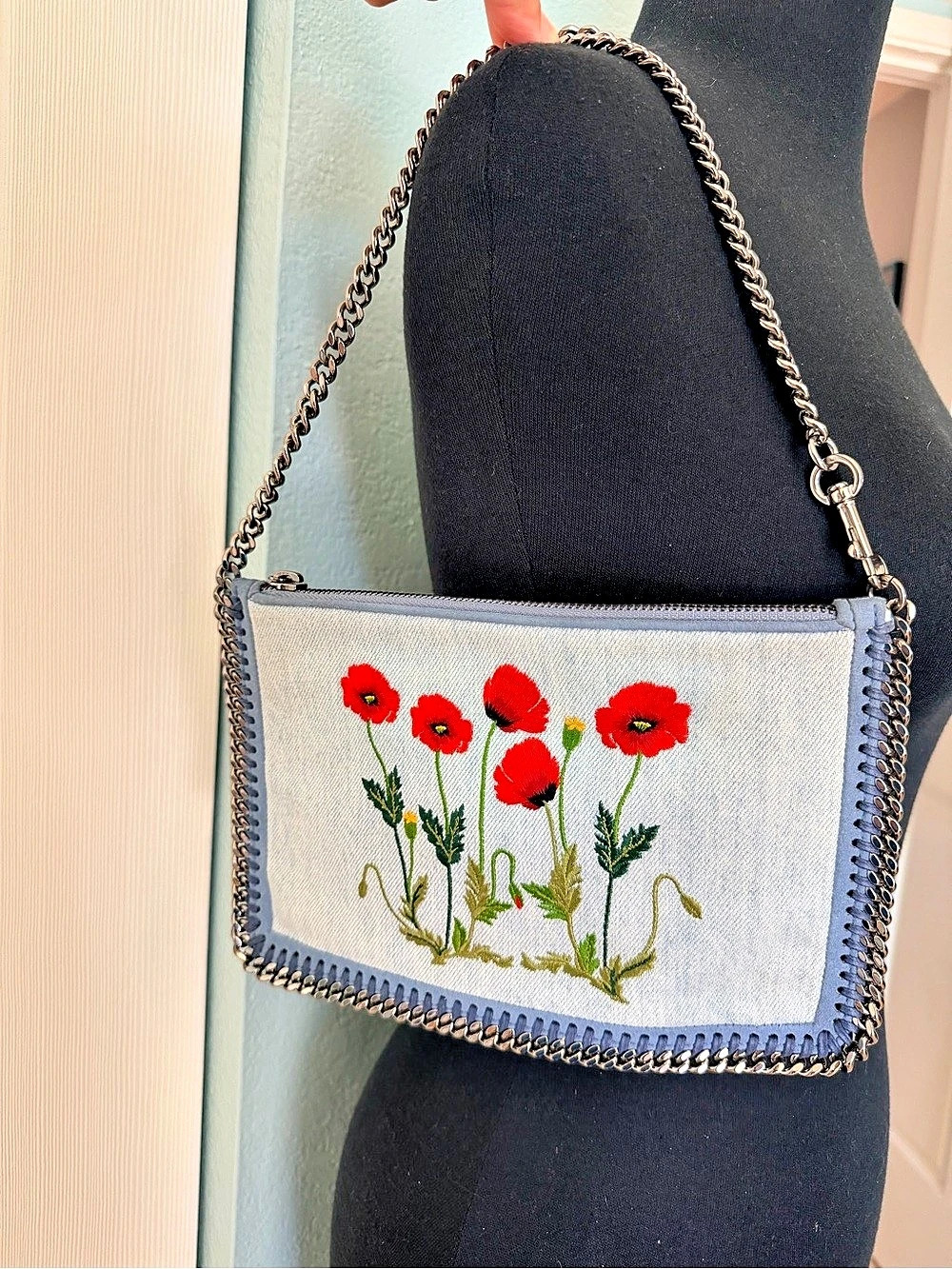 Stella McCartney Denim Poppy Embroidered Falabella Clutch Shoulder Bag